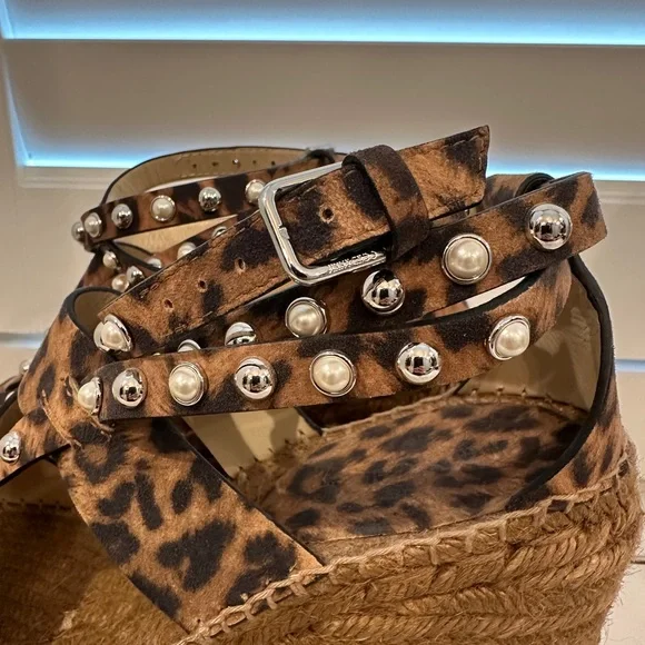 Jimmy Choo DANICA 110 Leopard Print Suede w/ Pearls and Studs Wedges 38